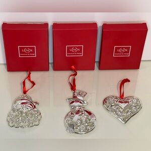 Set Of 3 Lenox Sparkle And Scroll Multi-Crystal Silver Plate Christmas Ornaments